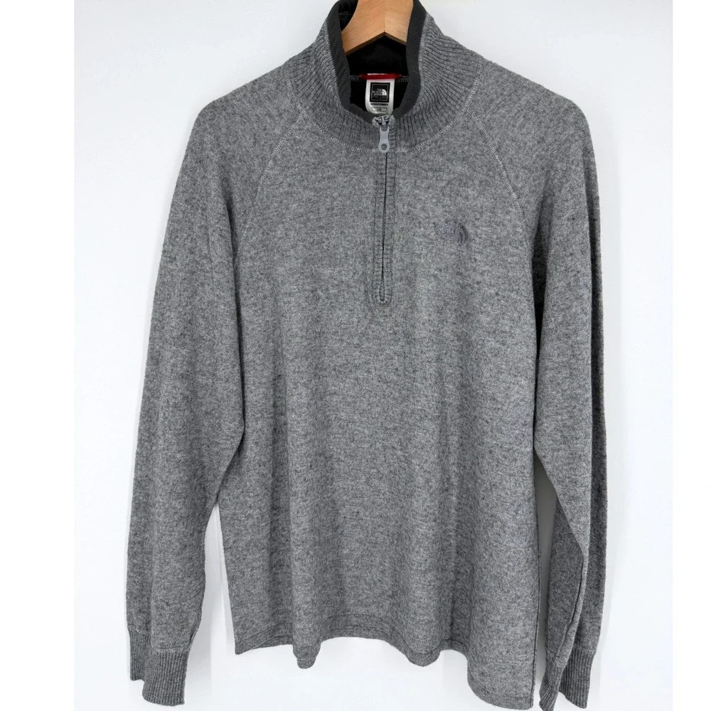 The North Face Mens Gray High Neck Pullover Half Zip Sweater L Wool Cotton Blend